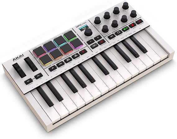 Akai Professional MPK Mini IV USB-C MIDI Keyboard Controller Weiß 25 Anschlagdynamische Mini Tasten 8 MPC Pads 360° Regler Chord- und Scale-Modus für Beatmaker und Musikproduktion