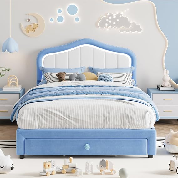 Takywep Upholstered Bed Frame with Led Lights Headboard & Storage Drawer - 3-in-1 Velvet Platform Bed for Kids, No Box Spring,Wood Slats Support, Noise Free, Easy Assembly for Boys Girls