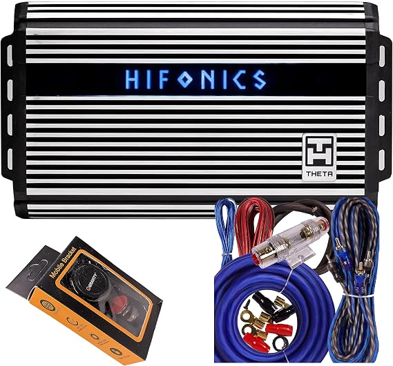 Hifonics ZTH-1225.1D Zeus Theta Compact Mono Channel Car Audio Amplifier (Silver) Class D Amp, 1200-Watt Bass Remote Included with Gravity Phone Holde and 4 Gauge Amp Kit Blue Bundle