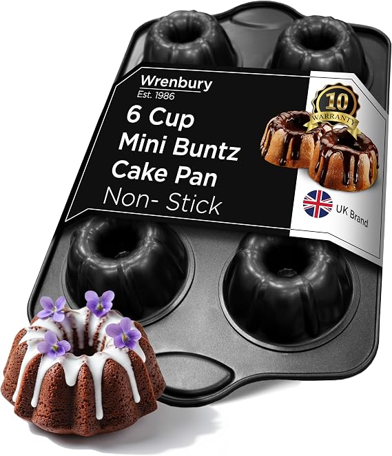 Wrenbury Nonstick Mini Buntz Cake Pan Non Stick for Baking Fluted Cake Tin | 6 Cup Bundlette Tray for Small Cakes - PFOA Free and Dishwasher Safe - 3.75 Cup Width