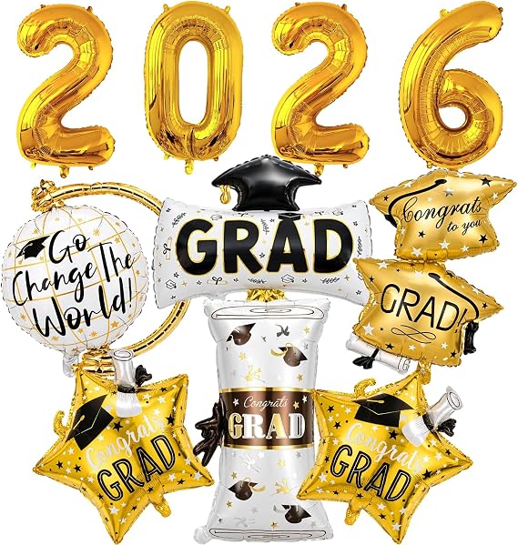 CYCFMYYLY 10 PCS Graduation Decorations 2026, Graduation Balloons with Globe, Cap, Certificate, Stars, Class of 2026 Party Decorations for Celebrations and Special Events