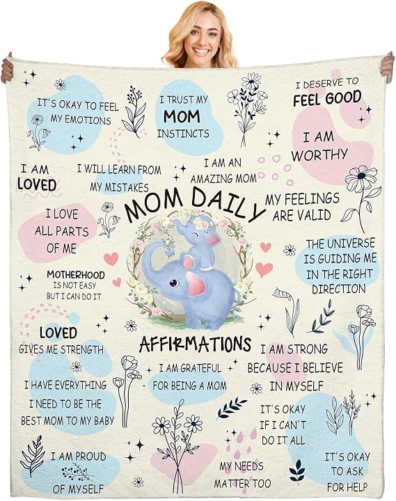New Mom Gifts Blanket - Mama Daily Affirmations Elephant Throw 50x60, Postpartum Self Care Inspirational Gift for Mommy to Be, Boy or Girl Mom Present