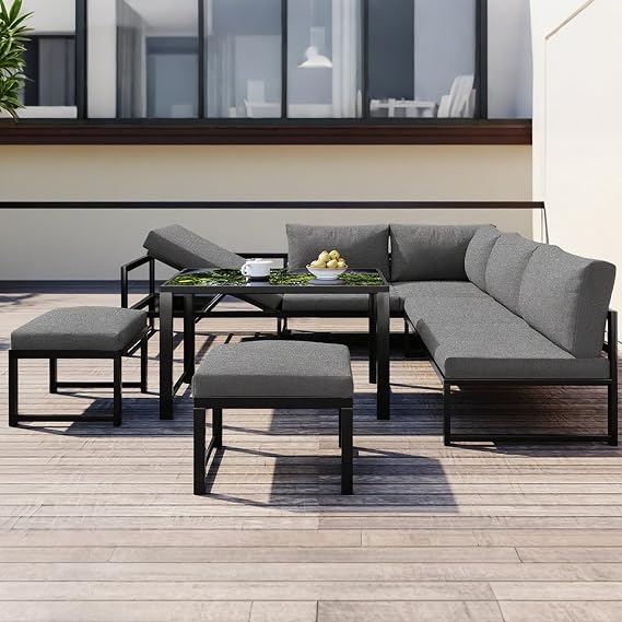 KUIKUI Garden Sofa Set, Outdoor Corner Sofa, Patio Furniture with Cushions, Garden Corner Sofa Set with Carbon Black Aluminium Frame, Grey