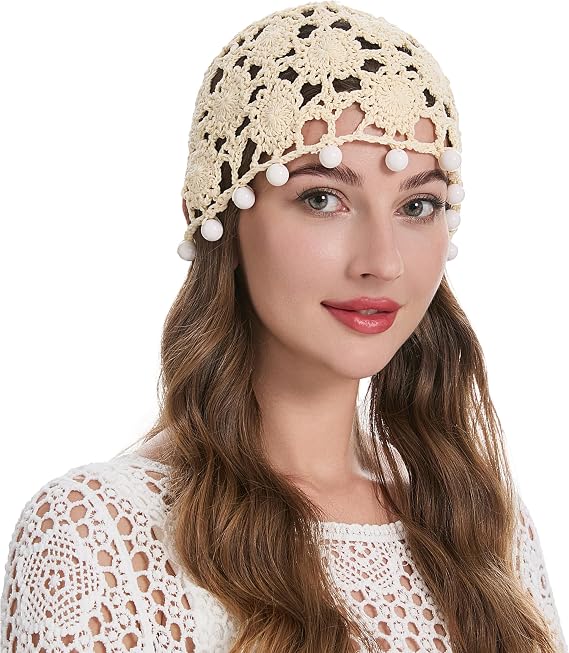ZLYC Women Cotton Crochet Skull Cap Handmade Knit Cutout Floral Beanie Hat