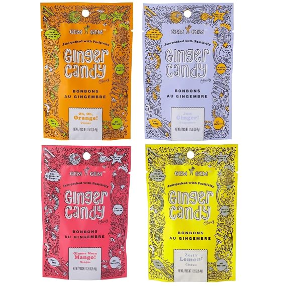 Gem Gem Ginger Candy Chewy Ginger Chews (Assorted Mix, 1.25oz, Pack of 4)