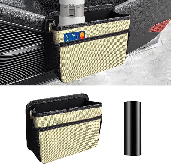 Car Trash Can, Foldable Mini Vehicle Trash Bin Garbage Organizer Holder, Waterproof Hanging Mini Auto Dustbin Accessories Storage Container for Vans, SUVs (beige)