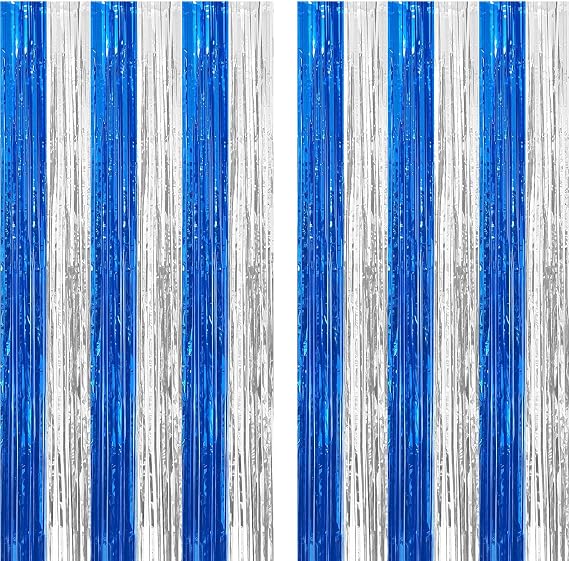 2 Pack Blue Silver Foil Fringe Curtain Tinsel Party Backdrop