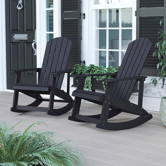 BizChair Poly Resin Wood Adirondack Rocking Chair - All Weather Black Polystyrene - Stainless Steel Hardware - Set of 2