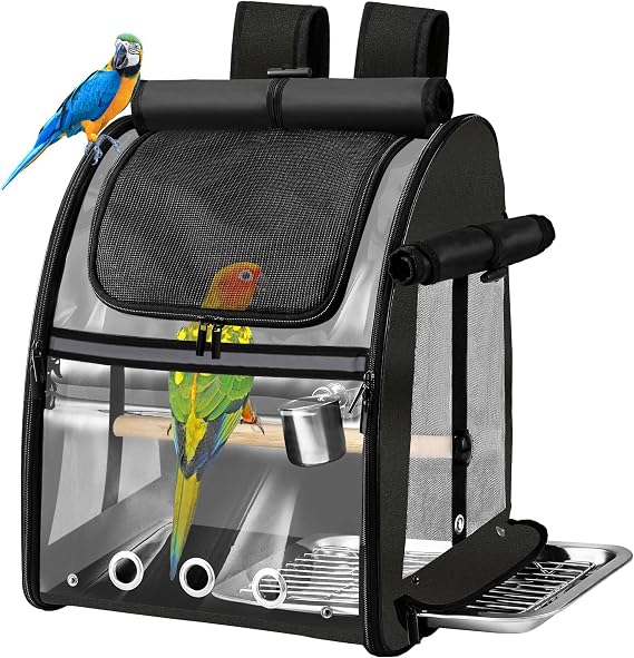 Bird Carrier Bag with Indestructible Stainless Steel Mesh, Bird Travel Cage with Stand, Easy to Clean Backpack for Parrot, Portable Bird Travel Bag, Black