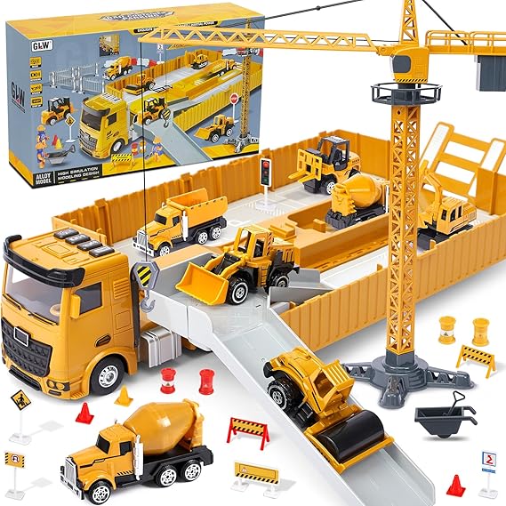 Construction Vehicles Children Large Truck Vehicle Toy Gifts from 2 3 4 5 Boy Gift Ideas with Crane Excavator Steam Roller Bulldozer Truck Concrete Mixer Construction Vehicles Toy Children Boys