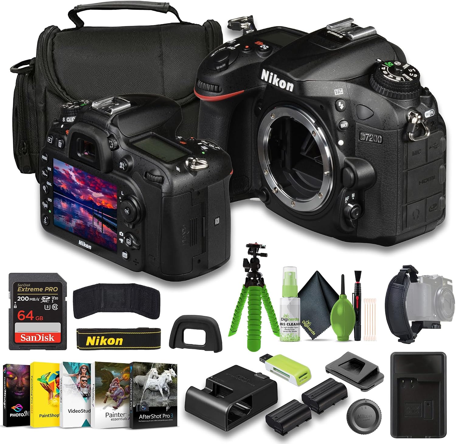 Nikon D7200 24.2 MP DX-Format Digital SLR Camera  EN-EL15C Battery  External Charger  Extreme PRO 64GB Card  Card Reader  Hand Strap  12 Inch Flex Tripod  Photo Editing Software  More