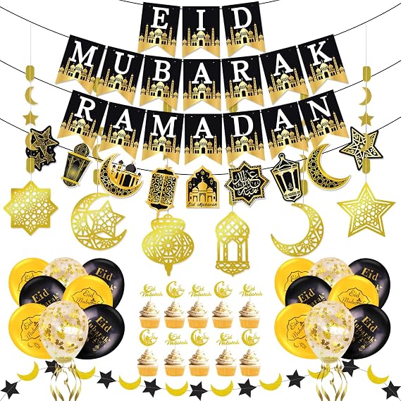 AhfuLife Eid Mubarak Decorations - Preassembled Eid Mubarak Banners, Ramadan Decorations for Home with 16 Pcs Balloons, 6 PCS Islamic Star Moon Lantern Garland Streamer, 10 Cupcake Toppers