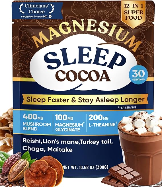 Mushroom Hot Cocoa Powder Natural Sleep Aid with Magnesium Glycinate, Reishi & L-Theanine, 12 Superfoods, Melatonin 3mg, Moon Bedtime Brew Hot Chocolate Drink Mix for Sleep, Relaxation, 30 Servings