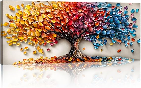 Large 3D Texture Blooming Trees Canvas Wall Art, Framed Orange Red Trees Wall Picture Nature Landscape Art Prints Paintings Wall Decor for Living Room Bedroom Office Kitchen Ready To Hang 50x120cm