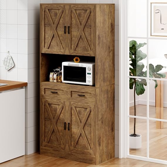 71 Kitchen Pantry Storage Cabinet, Kitchen Hutch with Microwave Stand and Adjustable Shelves Freestanding Cupboard for Dining Living Room, Brown