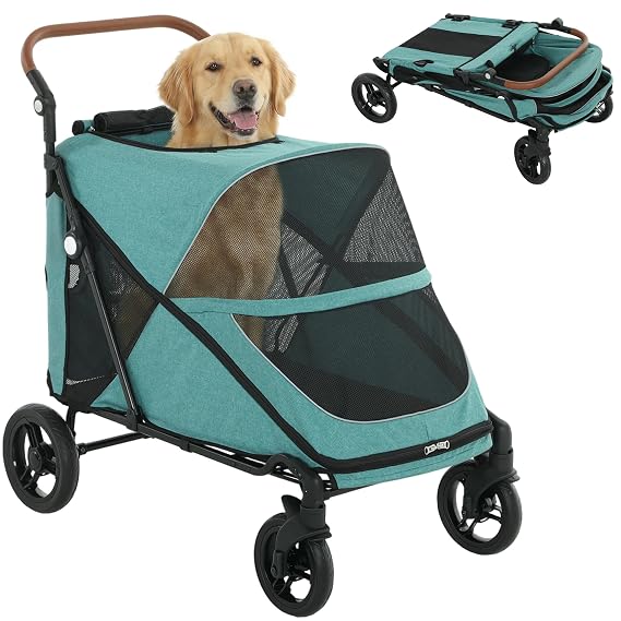PawHut Dog Stroller for Large Dogs One-Click 4 Wheel Mesh Window Teal