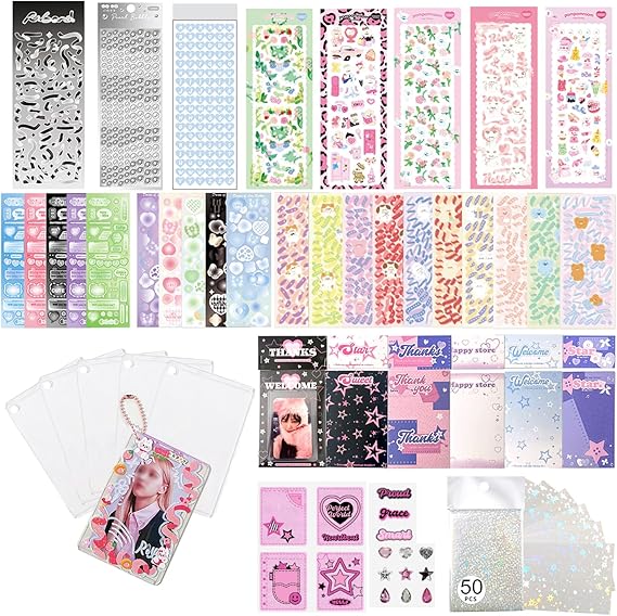 6 Kpop Fotoğraf Kartı Tutacağı Anahtarlık Üstten Yükleyiciler, 6 Sarılı Hediye Seti, Ticaret Kartları için 50 Holografik Kart Kolu, 35 Yaprak Deco Çıkartma, 2 Adet Sevimli Küçük Kolye (Yıldız II)