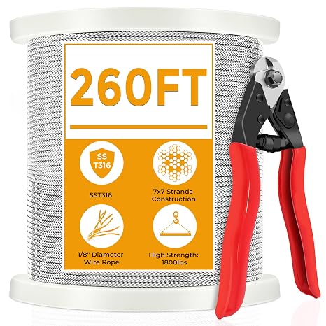 260FT Marine Grade Stainless Steel Cable for Deck Cable Railing System, 1/8" Wire Rope Aircraft Cable with Cutter, 7x7 Strands Braided Steel Cable Perfect for Cabling Project
