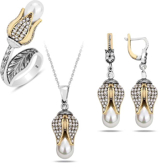 Authentic Tulip Jewelry Set, Ottoman Empire Queen Jewelry Set, Majorica pearl Jewelry, Pearl Earring Ring Necklace, Unique Design
