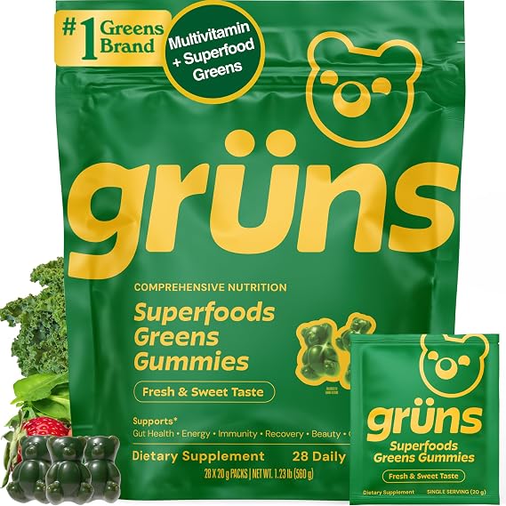 Gruns Adult Greens Gummies & Daily Multivitamin, Prebiotic Fiber, 28 ct