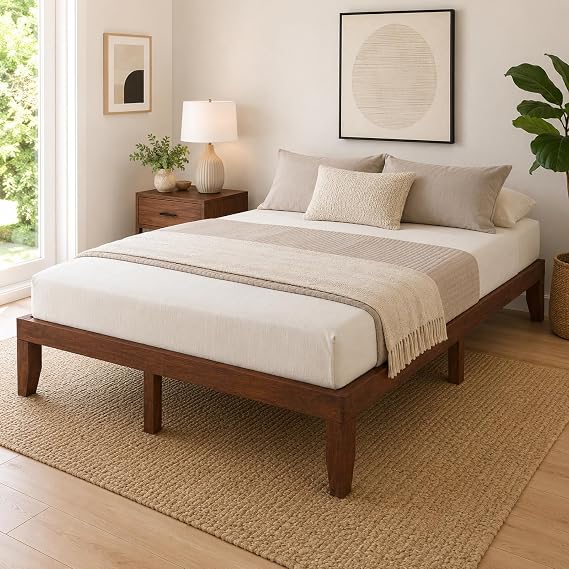 Full Wood Platform Bed Frame with 14 Poplar Slats Support