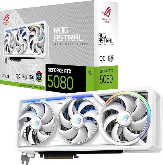ASUS ROG Astral GeForce RTX 5080 16GB GDDR7 White OC Edition Gaming Quad Fan Graphics Card (NVIDIA DLSS 4, 3.8-Slot Design, PCIe 5.0, 3X DP 2.1b, 2X HDMI 2.1b, White, ROG-ASTRAL-RTX5080-O16G-WHITE)