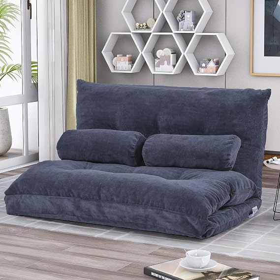Lazy Sofa Bed Adjustable Floor Sofa, Foldable Gaming Sofa Mattress Futon Couch Bed with 2 Pillows (Grey)