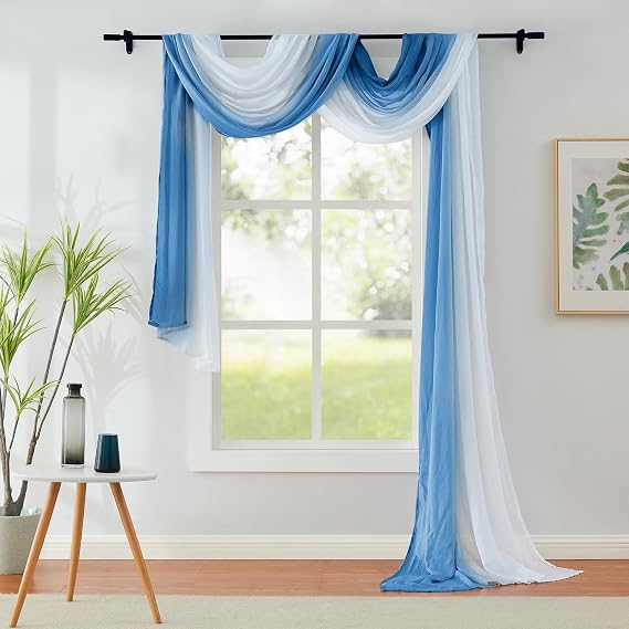 Blue Ombre Chiffon Sheer Window Scarf Valance Living Room 216 Inch Long | Curtain 18ft for Bedroom Decor, 52"W Crinkle Soft Window Semi Sheer Voile Valance for Holiday, Wedding Party Decor, 1 Piece