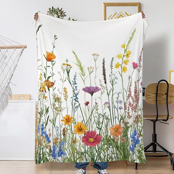 Spring Flowers Fall Throw Blanket,Watercolor Wildflower Cozy Plush Fluffy Blanket for Living Room Decor,Lightweight Fleece Throws for Couch,Bed,Traveling,Naps,Reading,40 X 50 Inch