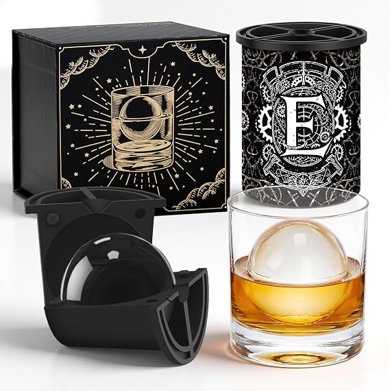 Personalized Clear Ice Cube Maker Gifts for Men, A-Z 2.5" Ice Ball Maker Mold Customized Gift, Unique Christmas Birthday Whiskey/Cocktail/Bourbon Gifts for Men Him Dad Husband Brother, E