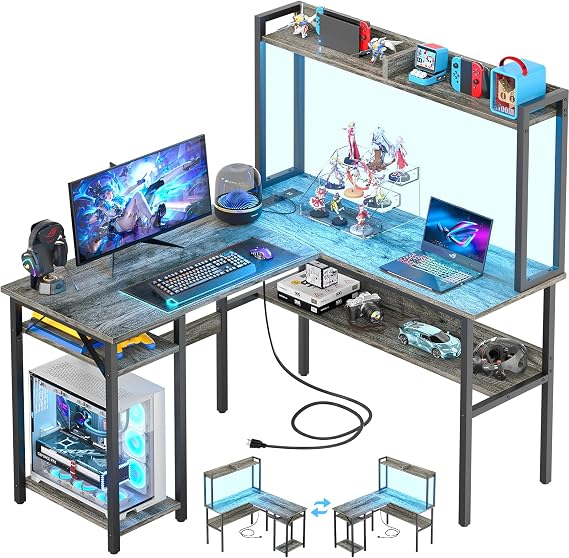 Unikito L Shaped Gaming Desk with LED Strip, Hutch & Power Outlets Unit