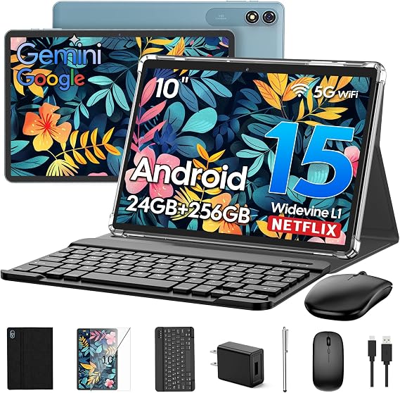 Android Tablet with Keyboard, 2026 Upgraded Android 16 tablet with 24GB+256GB+2TB Expand, 10 inch Tablet PC with 8-Core, Gemini AI, WiFi, 8000mAh, GPS, 2-in-1 Tablet with Case/Mouse/Stylus(Black Case)