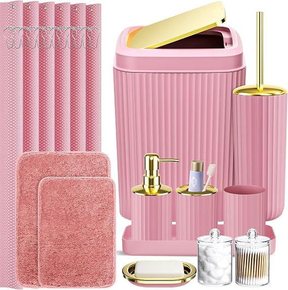 XLHOMO Pink Bathroom Accessories Set with Shower Curtain and Rugs 24PCS