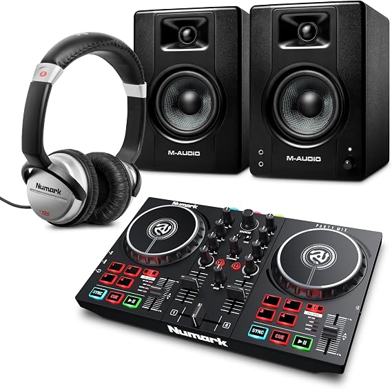 Numark Party Mix II DJ Controller and M-AUDIO BX4 Pair Studio Monitors with Headphones for Studio Recording, Music Production, Podcasting, Streaming