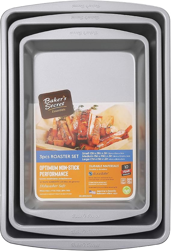 Baker's Secret Set of 3 Roaster, 14" 16" 18", Carbon Steel with Nonstick Coating for Easy Release, Cookie Trays for Baking Roasting Cooking, Dishwasher Home Baking Supplies