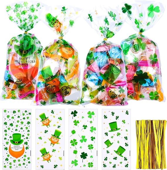 FUSHENMU 100pcs St Patrick's Day Cellophane Candy Bags,Shamrock Leprechaun Cookie Cellophane Bags with Twist Ties for St Patrick's Day Holiday Party Goody Supplies