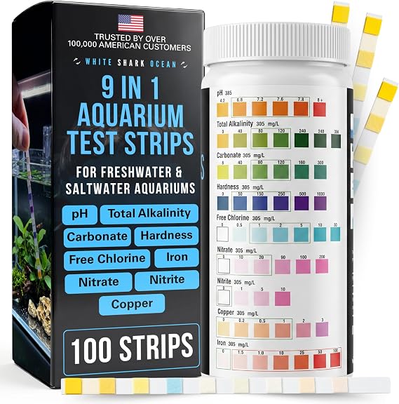 9-In-1 Aquarium Test Strips 100 Strips for Freshwater & Saltwater | Tests pH, Nitrate, Nitrite, Hardness, Chlorine, Copper, Iron, Carbonate & Alkalinity | Fast Results for Fish Tank & Reef Aquariums
