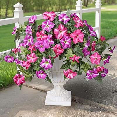 HyeFlora Artificial Flowers for Outdoors 2PCS Spring Faux Morning Glory Look Real Silk Flowers for Outside Planter UV Resistant Fake Flowers for Home Garden Balcony Yard Porch Deco