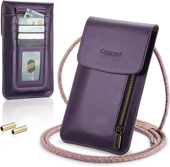 Small Crossbody Bag Cell Phone Purse for Women Men Leather Mini Shoulder Bag Wallet Case with Card Holder Slot Lanyard for All Smartphones iPhone 15 14 11 Samsung Google Moto up to 7.5" Puple