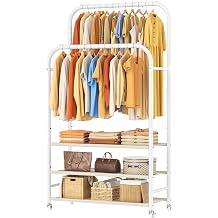 HOMIDEC Double-Rod Clothes Rail, Heavy-Duty Clothing Rail with 3-Tier Dust-proof Fabric Non-Woven Shelves, Metal Garment Rack with Wheels for Bedroom, Holds up to 80 kg, White