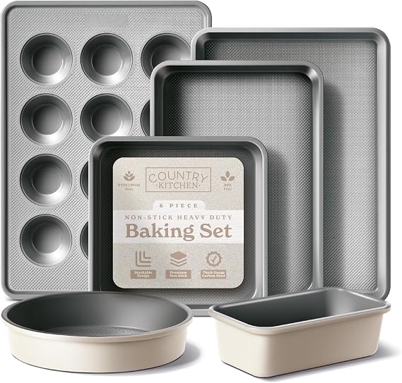 Country Kitchen Nonstick Stackable Bakeware Set - Durable, Easy Release Baking Set, Cream, 6 Pcs