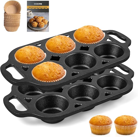 Pre-Seasoned Cast Iron Muffin Pan - 6-Cup Nonstick Cupcake Pan, 2 Piece Set