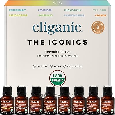 Cliganic Organic Aromatherapy Essential Oils Gift Set Top 8, 100% Pure - Peppermint, Lavender, Eucalyptus, Tea Tree, Lemongrass, Rosemary, Frankincense & Orange