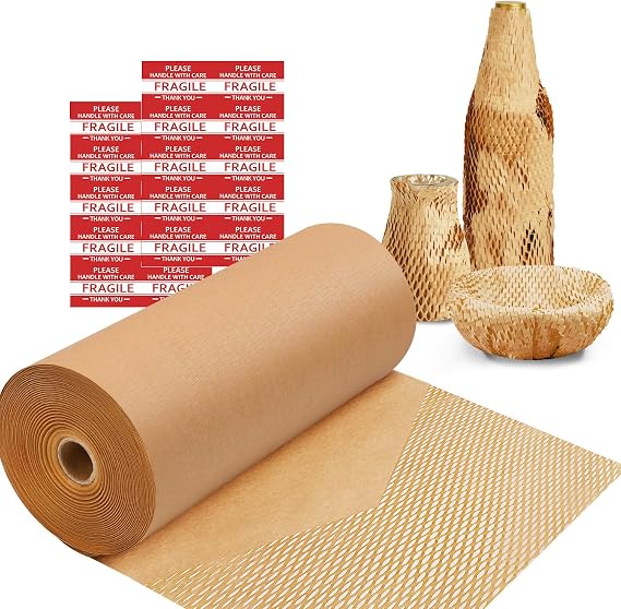 Packaging Paper for Moving 12"x 300' Honeycomb Packing Paper Bubble Cushioning Wrap Packing paper for Moving/shipping/packing Roll Supplies with 20 Fragile Sticker Biodegradable & Fully Recylable