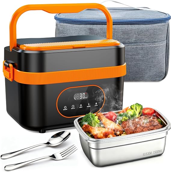Cordless Heated Lunch Box, 6-Cup Capacity 1.5L 360 Rapid Heating, Battery-Powered Portable Electric Lunch Box with Smart Timer, Rechargeable for Work, Travel, Car, Home & Outdoors