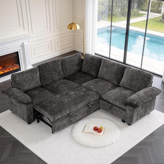 L Shaped Sectional Sleeper Sofa with Pull Out Bed, 5 Seat Modular Chenille Couch with Storage, Modern Convertible Sofa Bed, Sectional Couches for Living Room, Apartment, Gray
