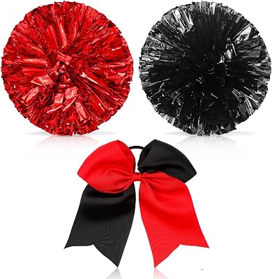 Set of 3 12 Inch Cheerleading Pom Poms and Large Cheerleader Ponytail Bow Holder for Girl Large Metallic Cheerleader Pom Poms for Sports Team Cheering Red and Black
