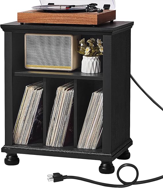 Joaxswe 24" Wide Record Player Stand with Charging Station,Black