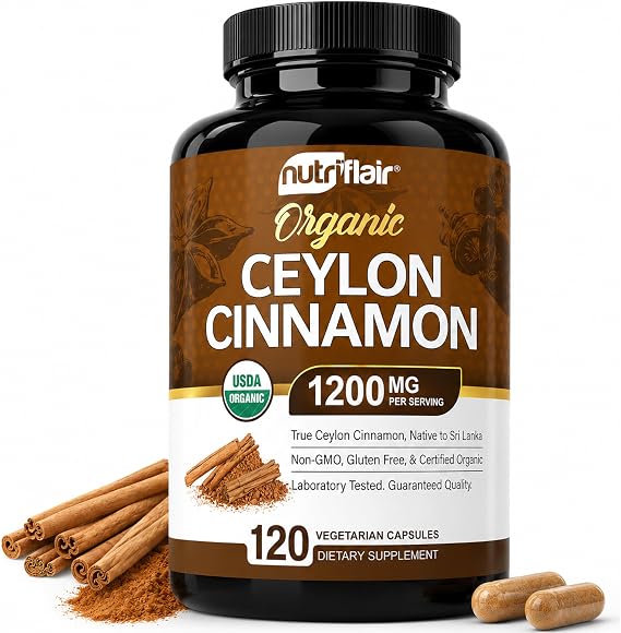 NutriFlair Organic Ceylon Cinnamon Supplement 1200mg, 120 Capsules