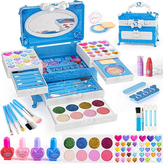 Kids Makeup Sets for Girls, 66pcs Real Cosmetic for Kids Toys with Mirror, Princess Washable Girls Makeup Kit, Non-Toxic & Safe Brithday Gifts for 3 4 5 6 7 8 10 - 12 Years Old(Blue)